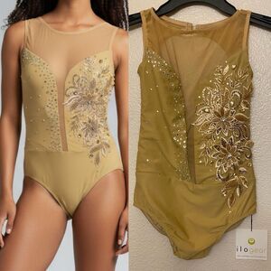 Ilo Gear Glamorous nude tan beige custom dance costume leotard rhinestone MA New